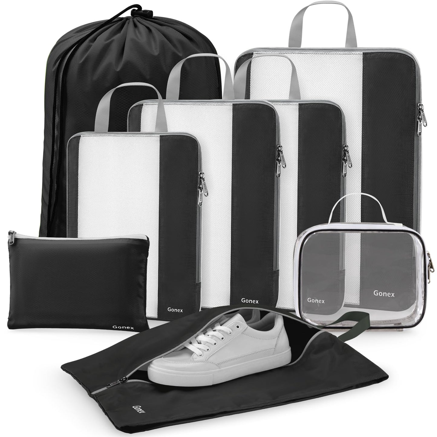 Gonex Expandable Mesh Packing Cubes - 8 Set Compression Organizer for Travel Essentials with Toiletry, Laundry, Shoe & Cable Bags - Black