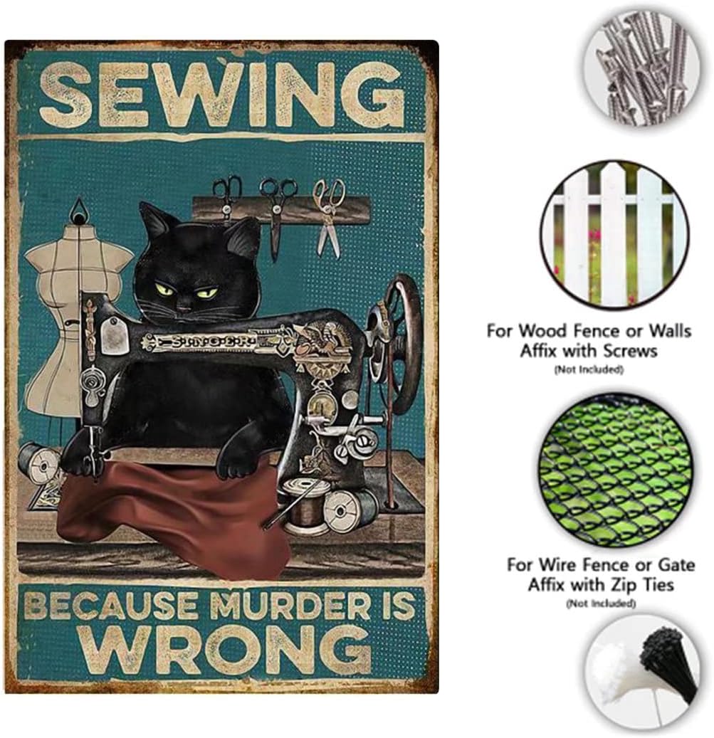 Yepzoer Cat Kitty Sewing Retro Style Bar Sign Wall Art Decor, Sewing Because Murder is Wrong, 12x8 inch Metal Sign