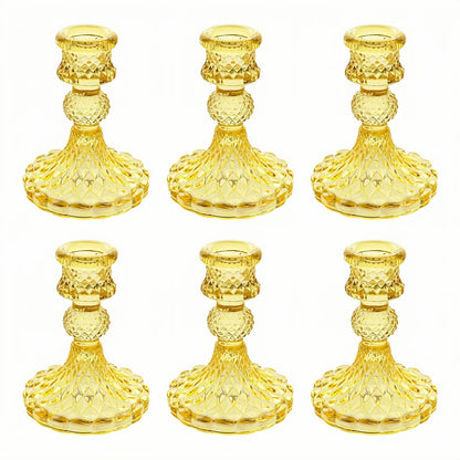 ECHFSM Glass Candlestick Holder,Striped Taper Candle Holders,Set of 6 Candle Stand for Table Centerpieces, Home Decor,Weddings,Festival and Parties (Yellow Dimond)