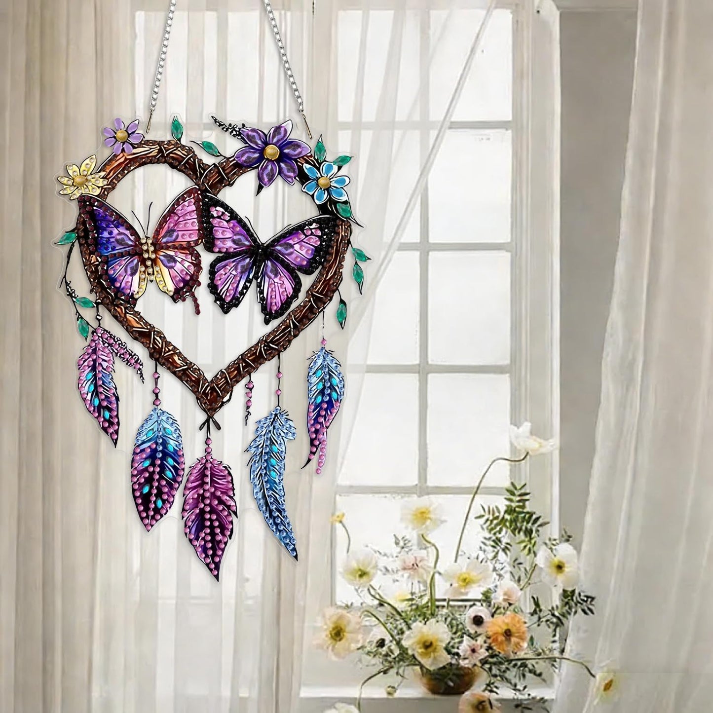 DIY Hanging Diamond Art Kits for Adults, butterfly Dream Catcher Diamond Painting Kits, Special Shaped Rhinestone, Acrylic 5D Gem Art Craft Window Pendants Home Garden Wall Hanging Ornament Kits