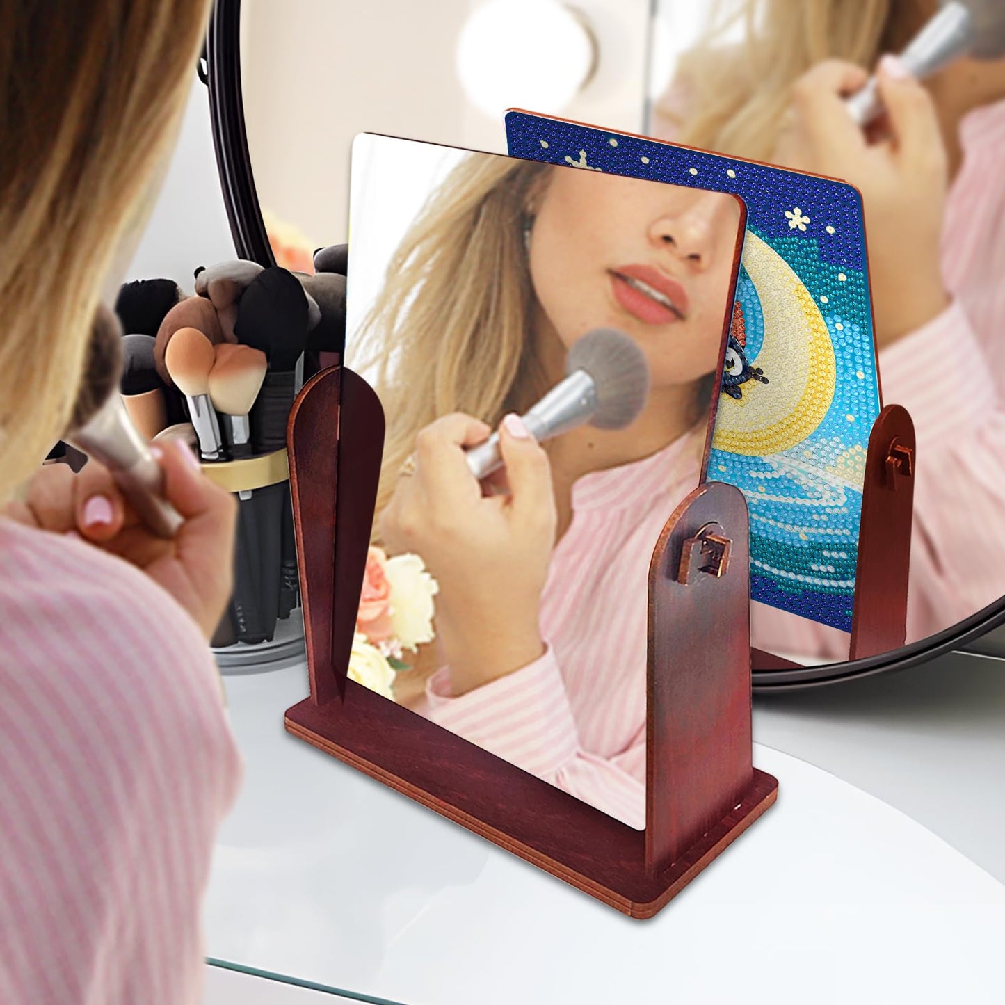 pigpigboss Black Cat Diamond Painting Rotate Mirror Kit, 5D DIY Crystal Drill Moon Cat Diamond Art Dots Makeup Mirror for Adult Beginner Home Office Desktop Decor