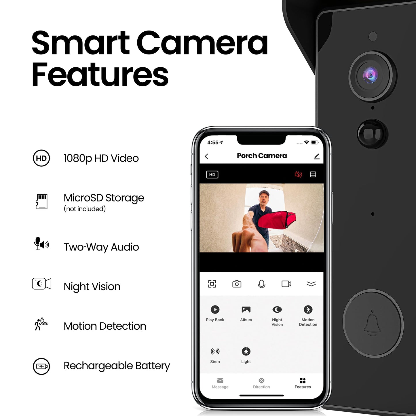 Feit Electric Doorbell Camera, 2.4 GHz WiFi, No Hub, Two-Way Audio, Motion Detection, Night Vision, 1080p HD, Micro SD Card Storage, Wireless Chime Included, Hardwired, CAM/Door/WiFi