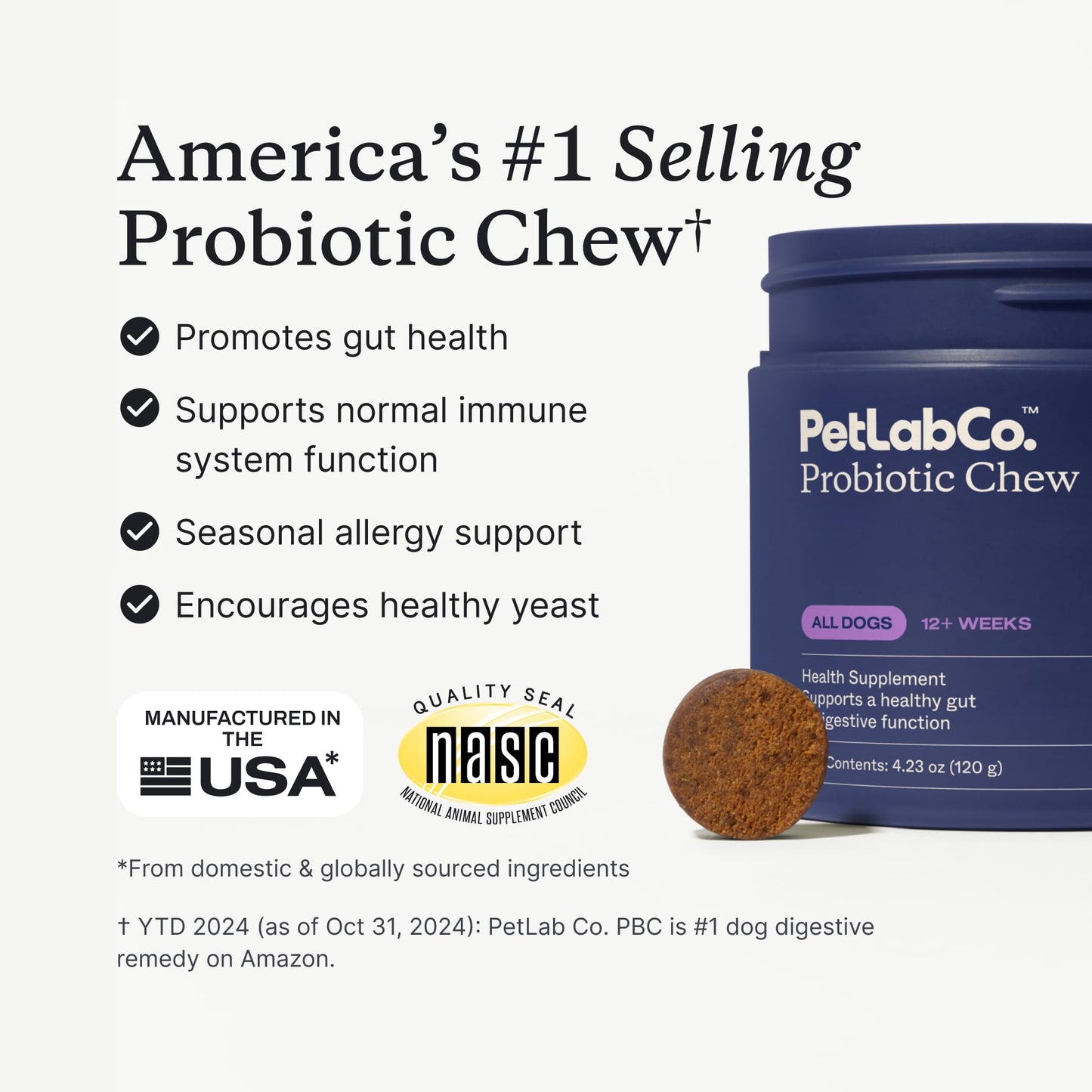 PetLab Co. Probiotics for Dogs, Support Gut Health, Occasional Diarrhea, Digestive Health & Seasonal Allergies - Pork Flavor - 30 Soft Chews - Packaging May Vary