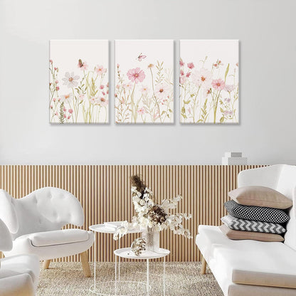 3 12x16in MTFBWY Piece Pink Wildflower Canvas Wall Art, Vintage Floral Botanical Prints, Sage Green Flower Pictures