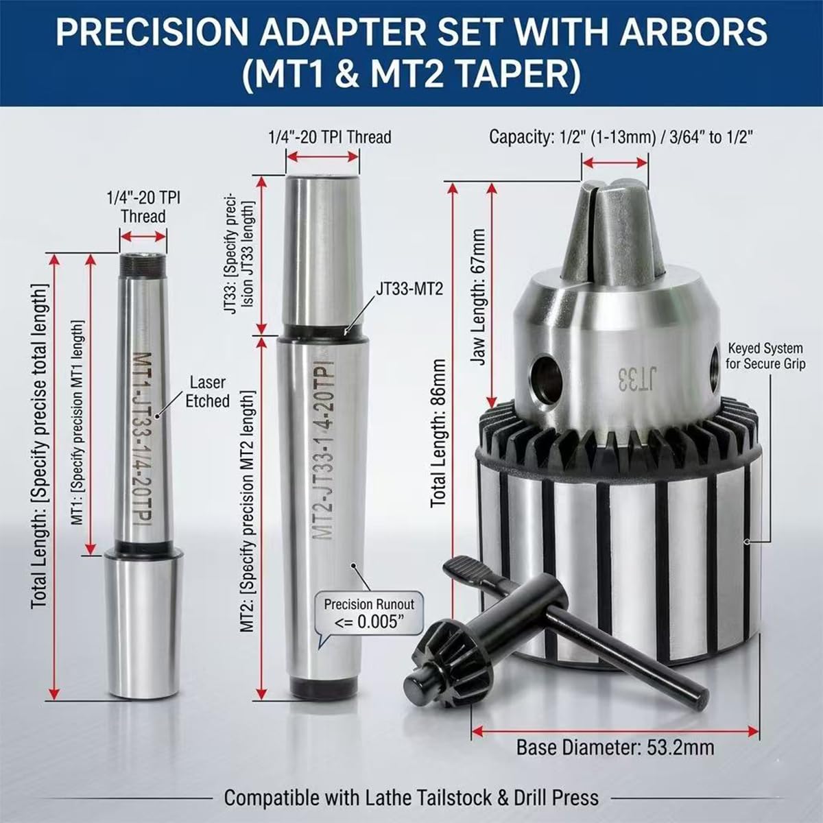 Ladulesby MT1&MT2 Lathe Drill Chuck Adapter Set - 1/2"(1-13mm）Drill Press Chuck with Morse Taper Arbor MT1 (JT33-MT1) and MT2 (JT33-MT2) with Chuck Key For Metalworking Lathes And Bench Drill Presses