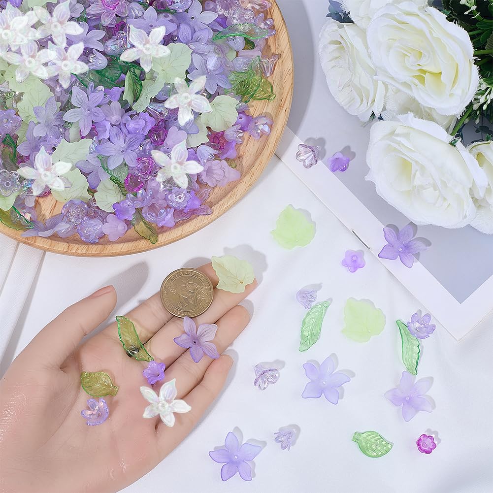 BEAMARKER 500Pcs Acrylic DIY Flower Leaf Beads Kits Including Assorted Purple Flower Loose Beads Maple Leaf Pendants Charms Acrylic Floral Caps for Earring Bracelet Necklace Craft Jewelry Making