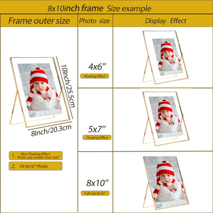 Classura Gold 8x10'' Floating Picture Frame Set of 2,For Photo Sizes (5x7'',6x8'',7x9''),Beautiful Metal Beaded Edge Frames Adjustable Tabletop/Shelf Photo Frame,Classy Gift Choice for Wedding