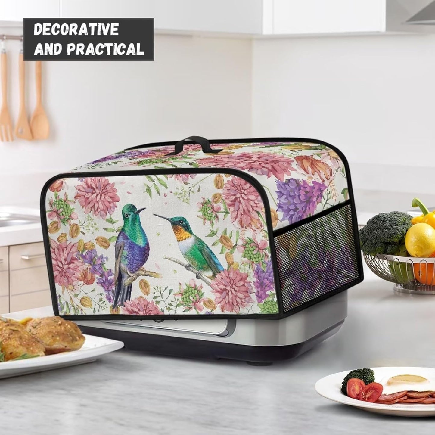 TODIYADDU Hummingbird Floral Slow Cooker Cover, Trendy Dust Cover with Storage Pocket for Kitchen Appliances
