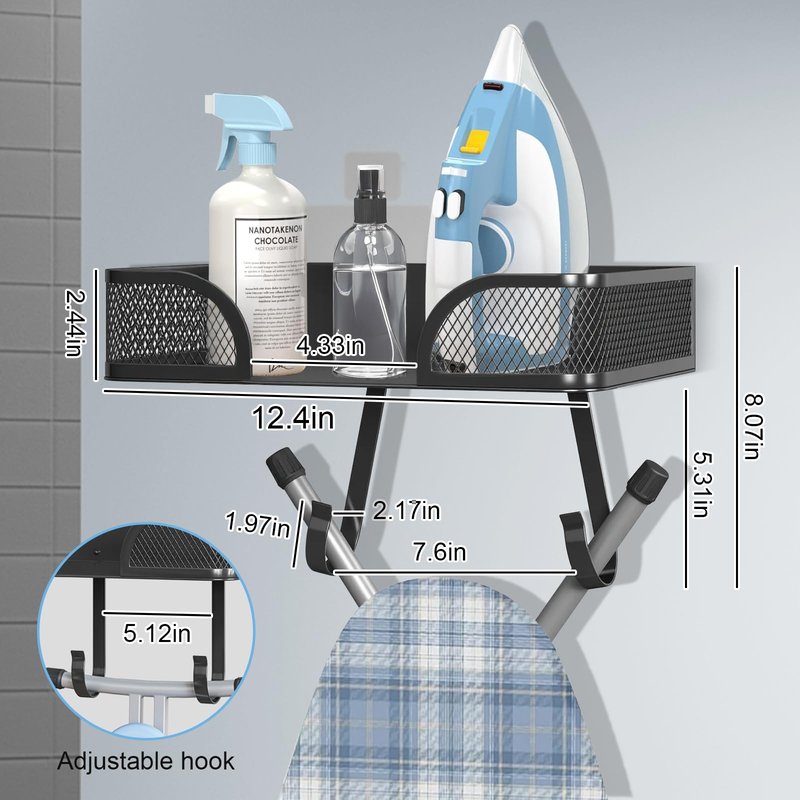 MVRPOWER Ironing Board Holder Wall Mount, Ironing Board Hanger, Laundry Room Decor Organization and Storage with Large Storage Grid Base Basket and Hooks(T&V Shaped)