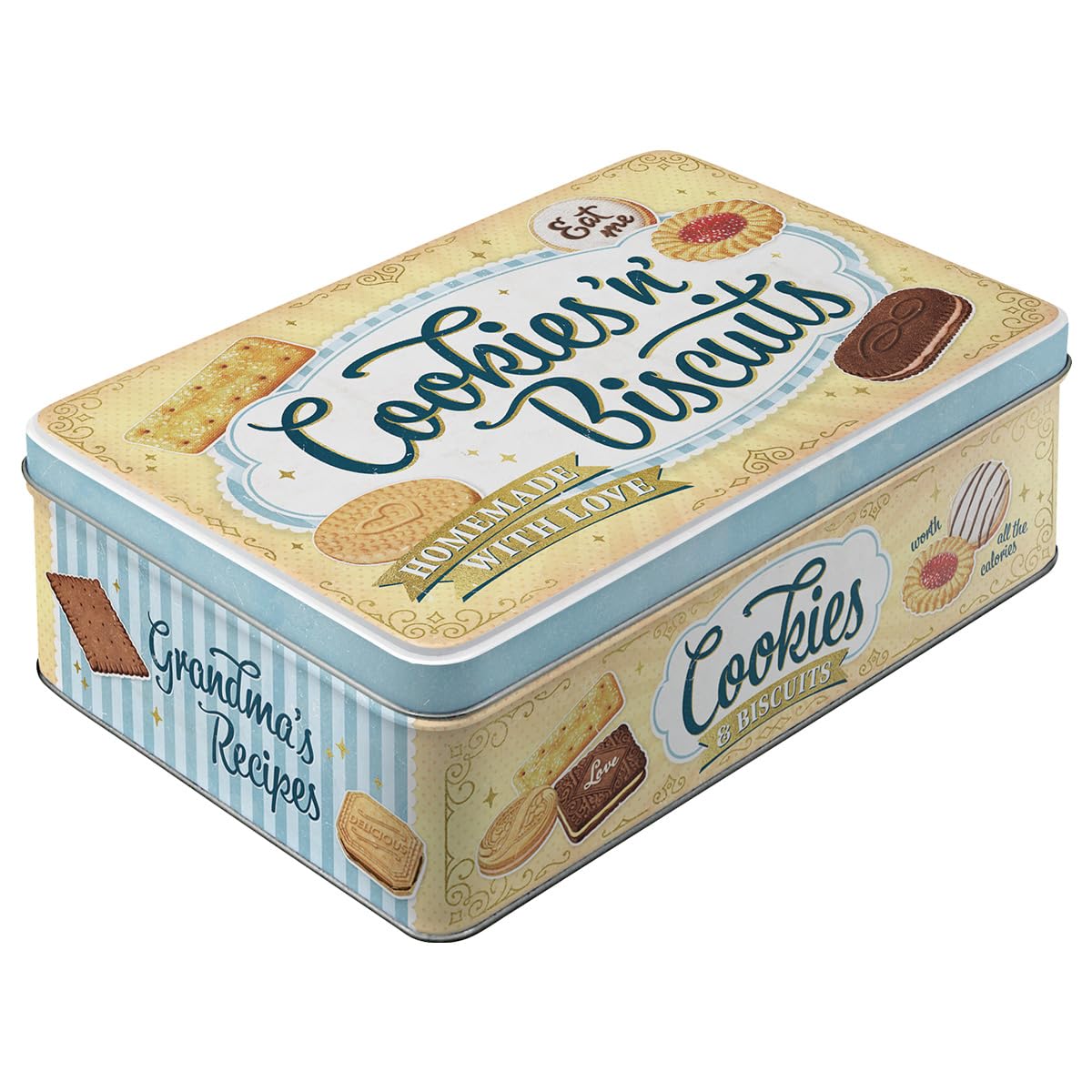 Nostalgic-Art Retro storage tin box flat, 84.5 oz, Cookies 'n' Biscuits – Gift idea for your home, metal can with lid, vintage design