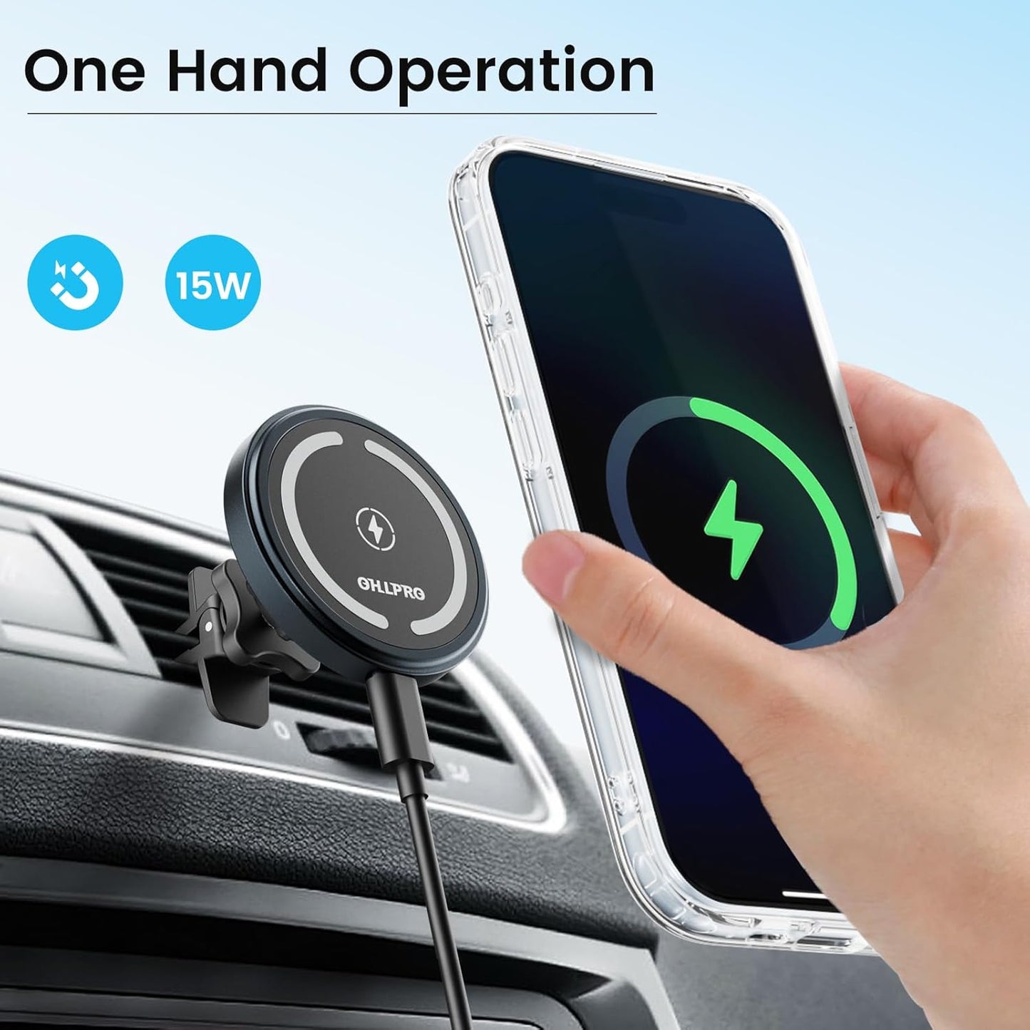 OHLPRO for MagSafe Car Mount Charger iPhone Wireless Car Charger, Stick on Dashboard Magnetic Phone Holder Mount for iPhone 17 Pro Plus Max 16 15 14 13 12 Series, 15W Fast Charging, Aluminum Shell