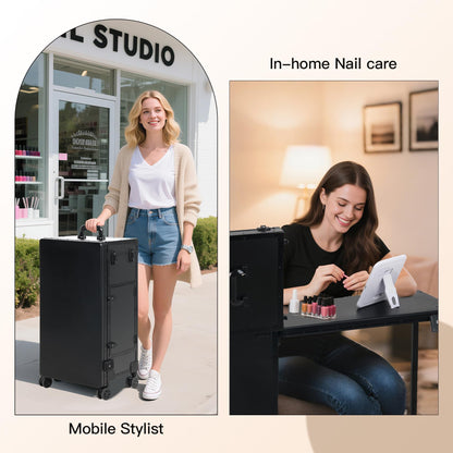 Rolling Portable Manicure Table with 3 Drawers, Lockable Makeup Train Case with Detachable Mirror, Foldable Nail Desk with Wheels & Handle, Mesa de Uñas Profesional para Nail Techs & Salon Use, Black