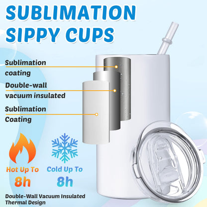 Zubebe 12 Pack 12 oz Sublimation Sippy Cups Blanks 2 in 1 Kids Tumbler with 2 Lids Stainless Steel Toddlers Sublimation Cups Water Bottle with Straws, 2 Heat Tape, 12 Transfer Coating, Coaster, Brush