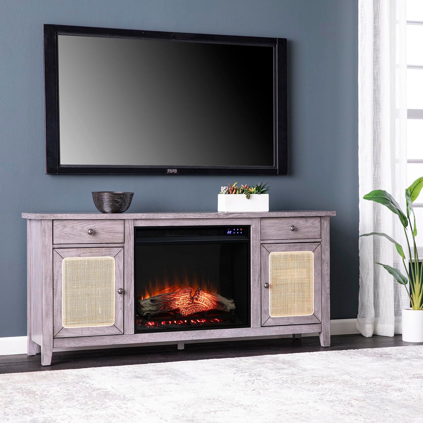 SEI Furniture Edderton Electric Fireplace TV Stand with Storage for TVs up to 56 Inches, Color Changing LED Flame, Gray