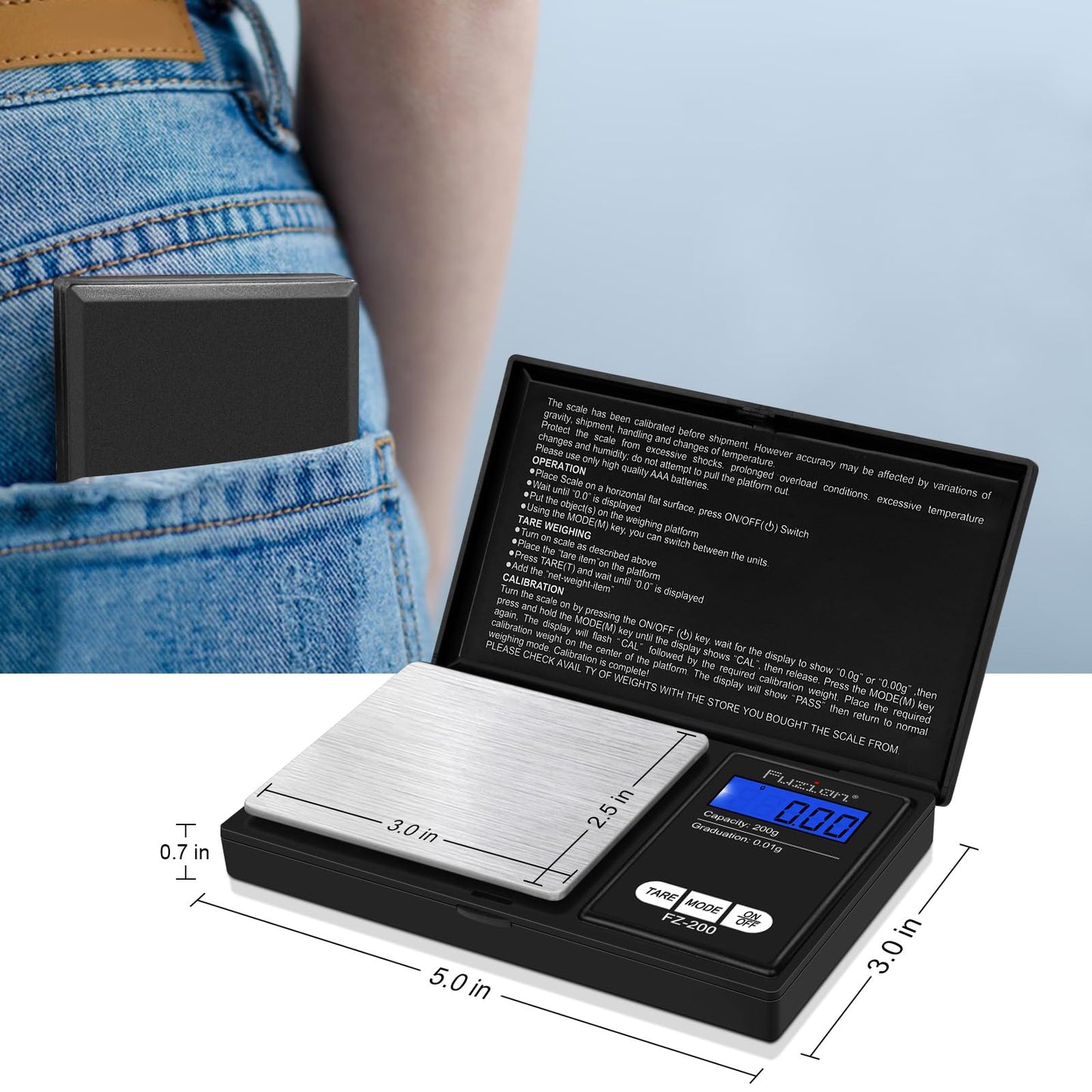 Fuzion Digital Pocket Scale, 200g/0.01g Gram Scale, Mini Scale Grams, Small Digital Scale, Small Food Scale, Jewelry Scale, Precision Scale with Tare, LCD