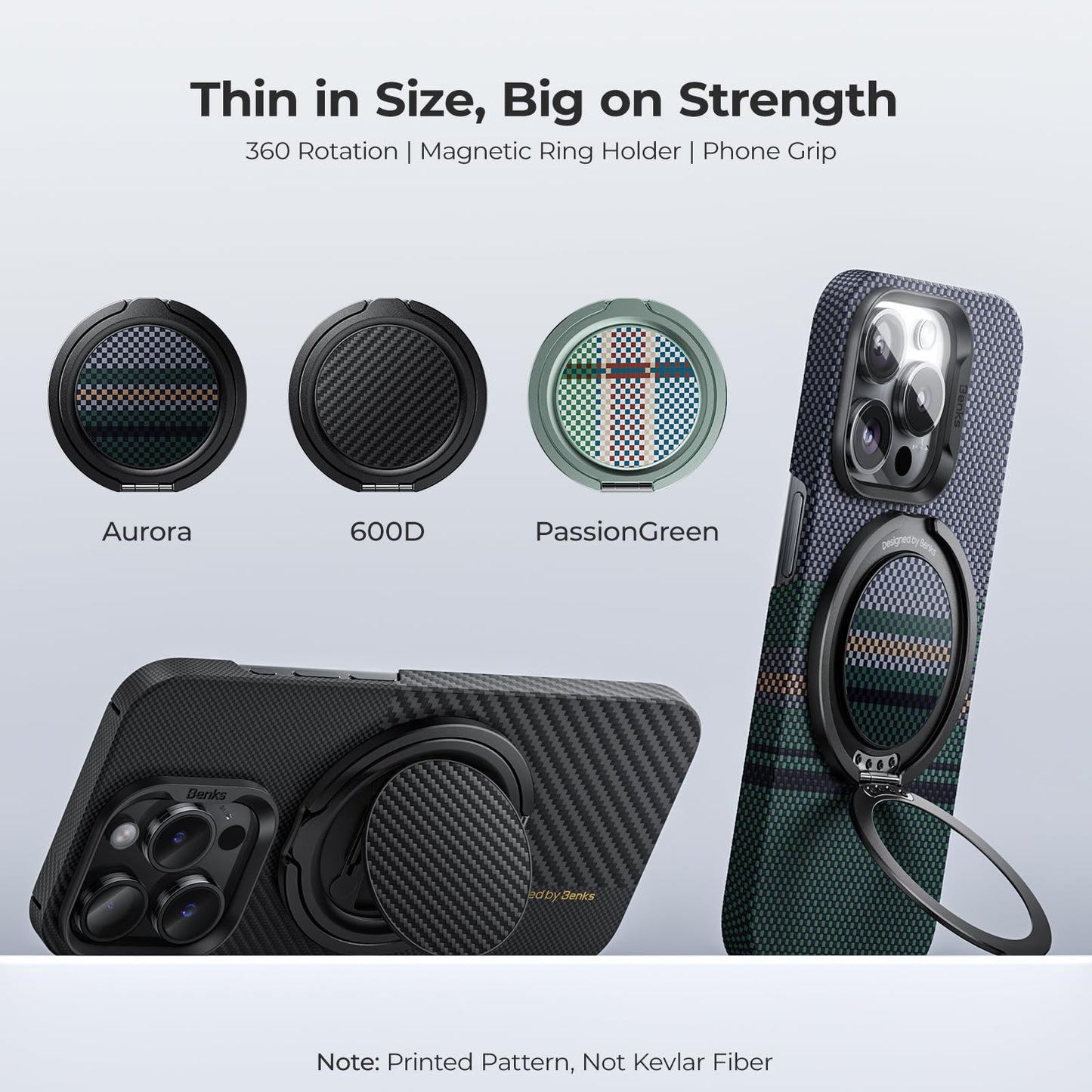BENKS ArmorPop Magnetic Phone Grip & Stand for MagSafe, 360° Rotation Adjustable Phone Ring Holder for iPhone 17/16/15/14/13/12 Series, Durable Kevlar Design