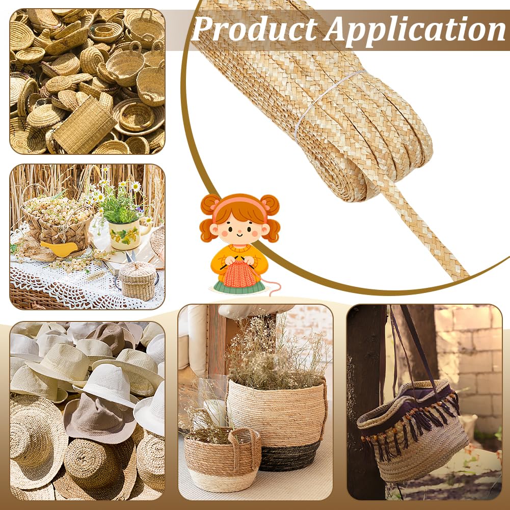 PH PandaHall 54.68 Yards Wheat Straw Braided Material for Hat Making, 1/2 inch Wide Handwoven Natural Straw Braiding Lace Trim Rustic Sewing Ribbon for Hat, Basket, Bag, Vase, DIY Craft
