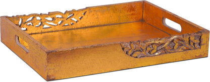16 12 2.5 Coffee Table Tray (Distressed Gold) - Flourish Wood Serving Tray w/Handles for Breakfast in Bed - Mango Wood