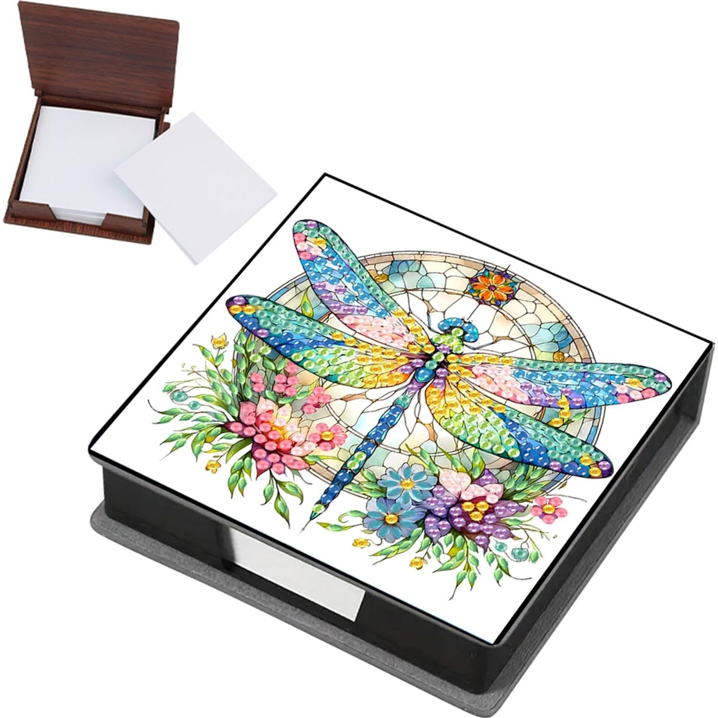 LAKEQUILL Diamond Art Painting Sticky Note Holder, Diamond Art Painting Wooden Memo Paper Storage Box, Notepad Holder with 160 Sticky Notes for Office Desk - Flower Dragonfly