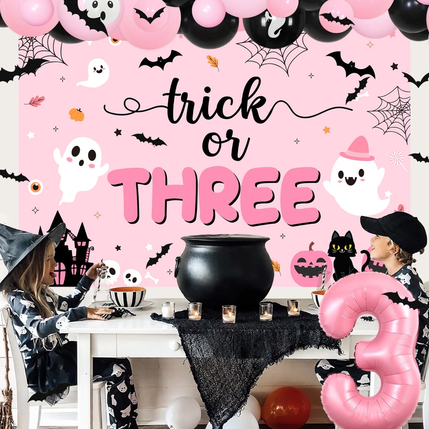 84Pcs Trick or Three Theme Halloween 3rd Birthday Party Decorations Pink Black Balloon Garland Arch Kit Number 3 Foil Balloon 3D Bat Wall Stickers for Girls Halloween Three Birthday Party Decor Favors