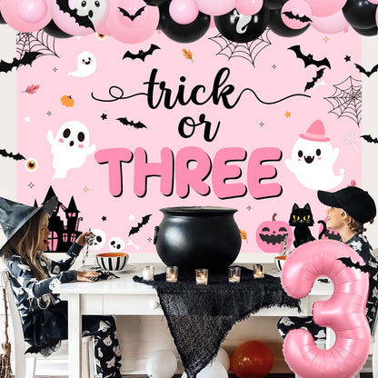 84Pcs Trick or Three Theme Halloween 3rd Birthday Party Decorations Pink Black Balloon Garland Arch Kit Number 3 Foil Balloon 3D Bat Wall Stickers for Girls Halloween Three Birthday Party Decor Favors