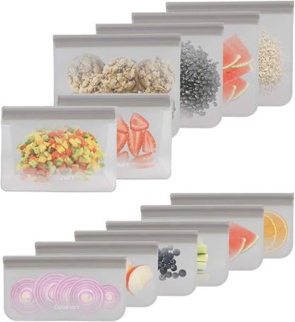 Cuisinart Reusable Food Storage Bags, 12 Pack Gray - Resealable Bags for Food, Leftovers, & Snacks to Store, Freeze or Refrigerate - BPA Free Flat Freezer Bags - Includes Small, Medium & Large