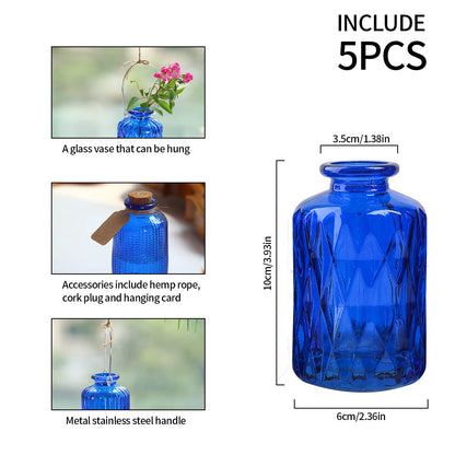 ELEGANTTIME Cobalt Blue Glass Bud Vase Small Flower Vase Mini Bottle with Cork Wire Handle Design for Deco Cafes, Office Table, Home and Garden(Set 5)