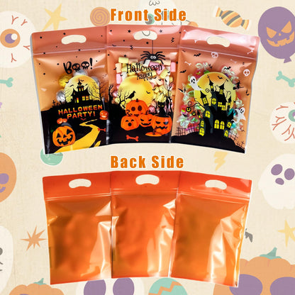 Halloween Ziplock Treat Bags 50 Pcs Goodie Plastic Bags with Zipper & Handles，Resealable Candy Bag for Trick or Treat, Party Favors, Classroom Halloween Supplies
