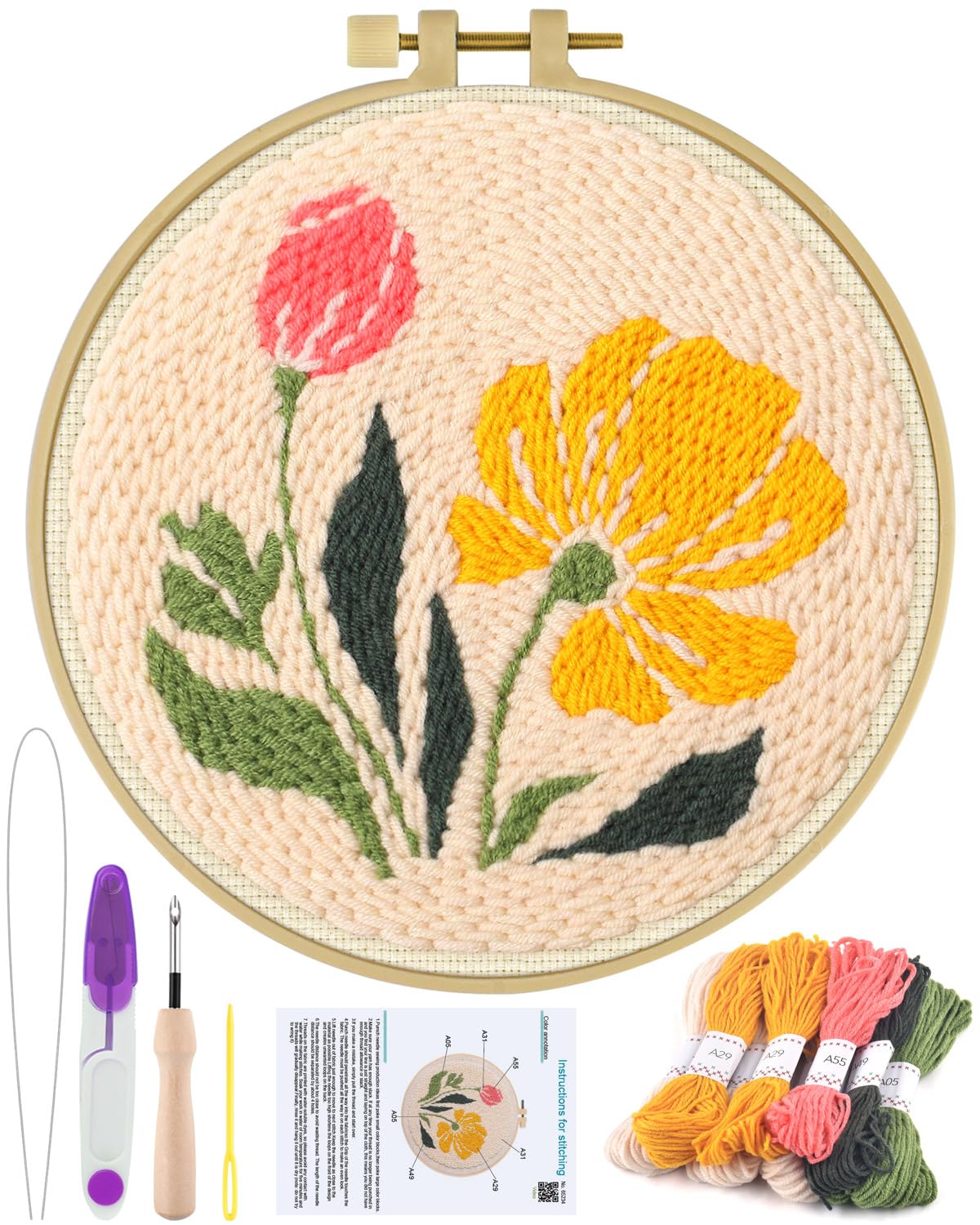 ERKOON Punch Needle Kit Adults Beginners, DIY Easy Floral Embroidery Set for Starter Art Craft, Needling Punch Project with Patterns, Tools, Yarns, Hoop, Instruction (Rhubarb Flowers)