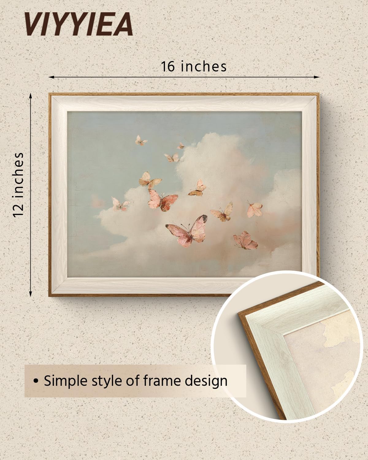 12x16 Inch VIYYIEA Framed Moody Wall Art Butterfly Wall Decor, Dreamy Farmhouse Canvas Painting, Pink Cloudy Butterfly
