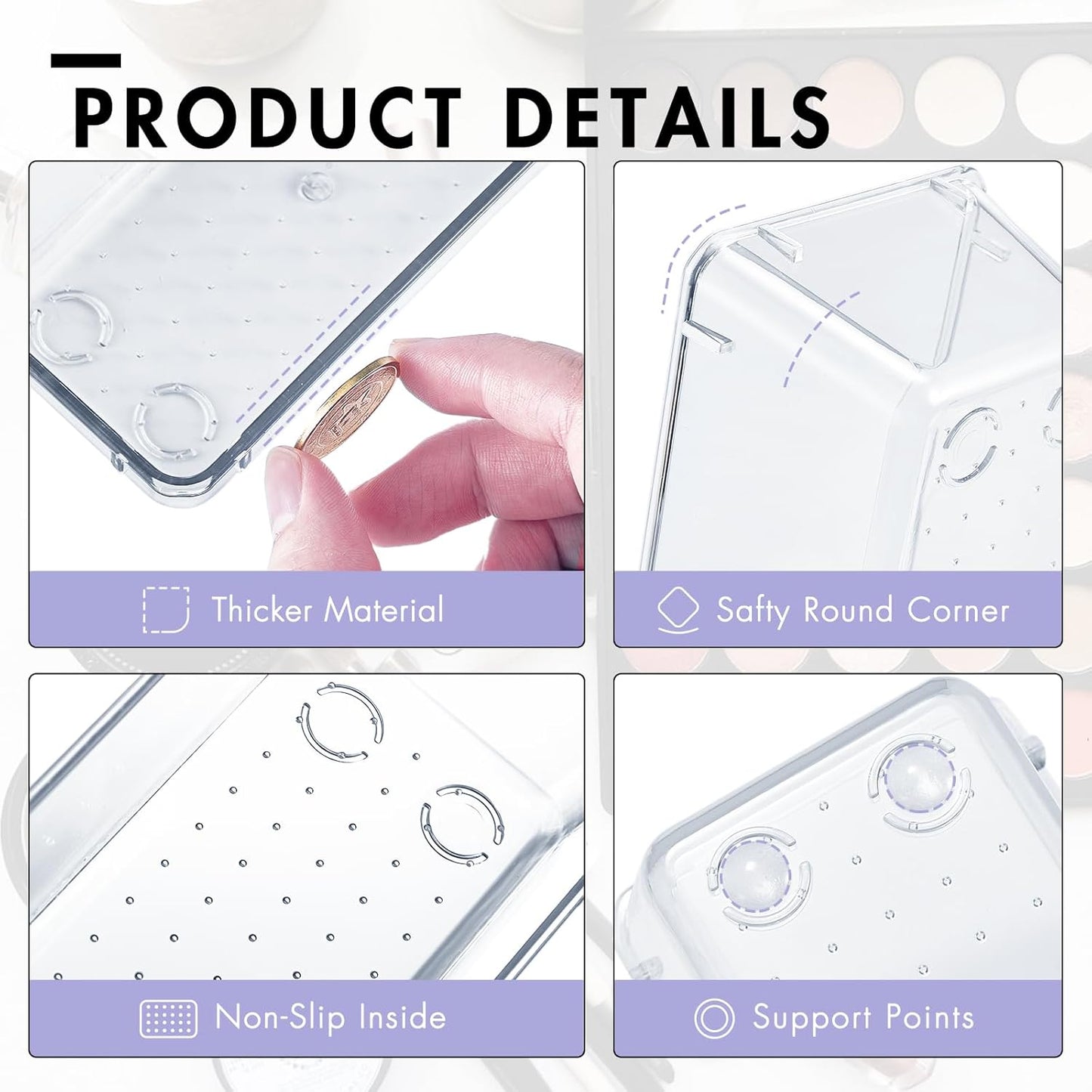 HOUSE DAY 8 PCS Desk Drawer Organizer Bins, 9*3*2" Clear Organizers with Silicone Pads for Makeup, Kitchen, Office