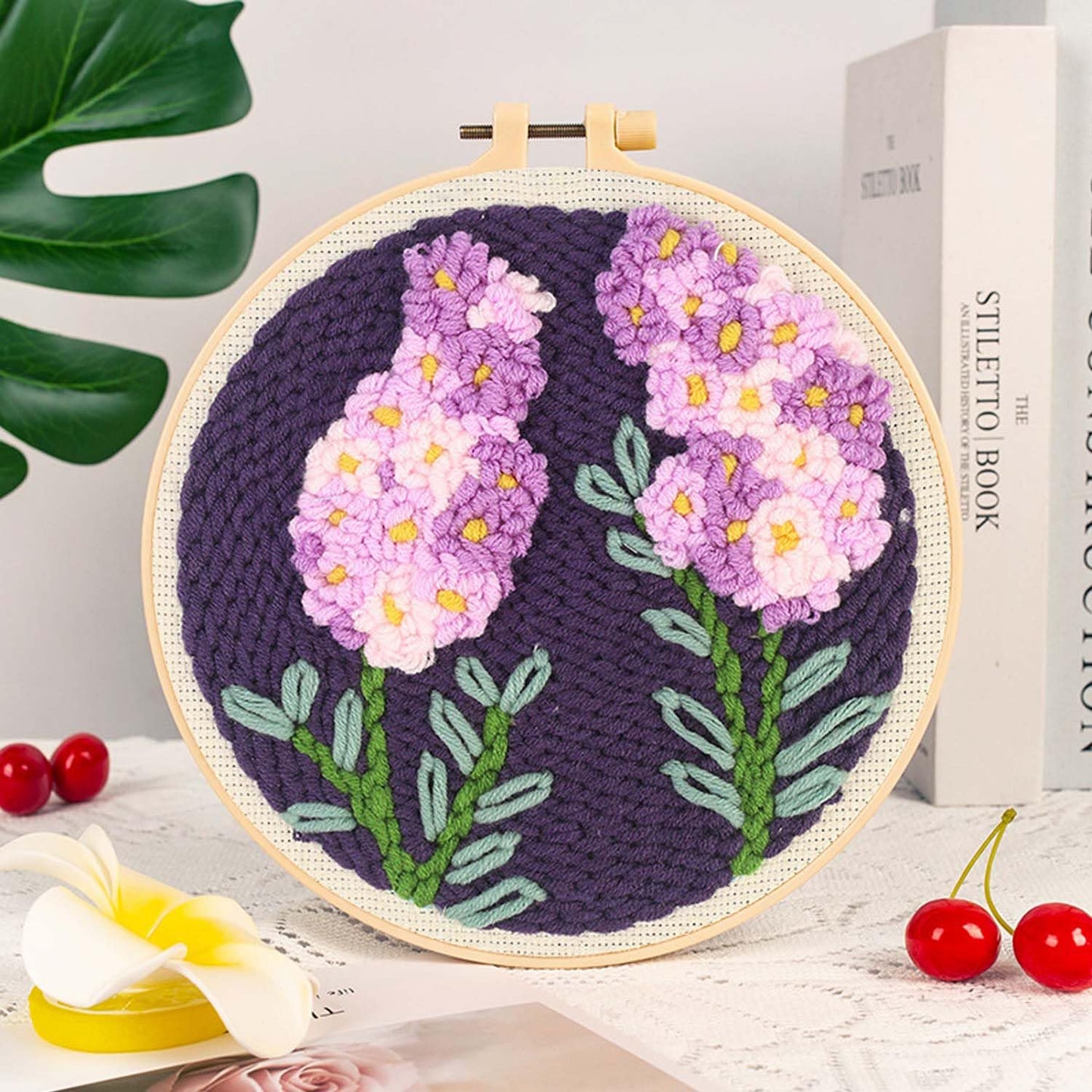 Allazone 3 Set Punch Needle Embroidery Starter Kits with Flower Pattern, Punch Needle Tool Threader Fabric, Yarn, Embroidery Hoop for Crafts, Home Decor