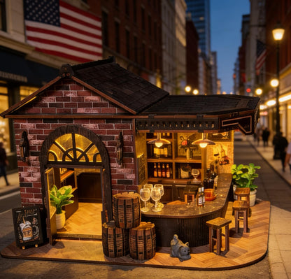 Book Nook Kit, 3D Wooden Miniature Tavern & Pub Dollhouse with LED Lights - DIY Mini House Craft Model for Adults, Birthday Valentine's Day Gift for Women Men