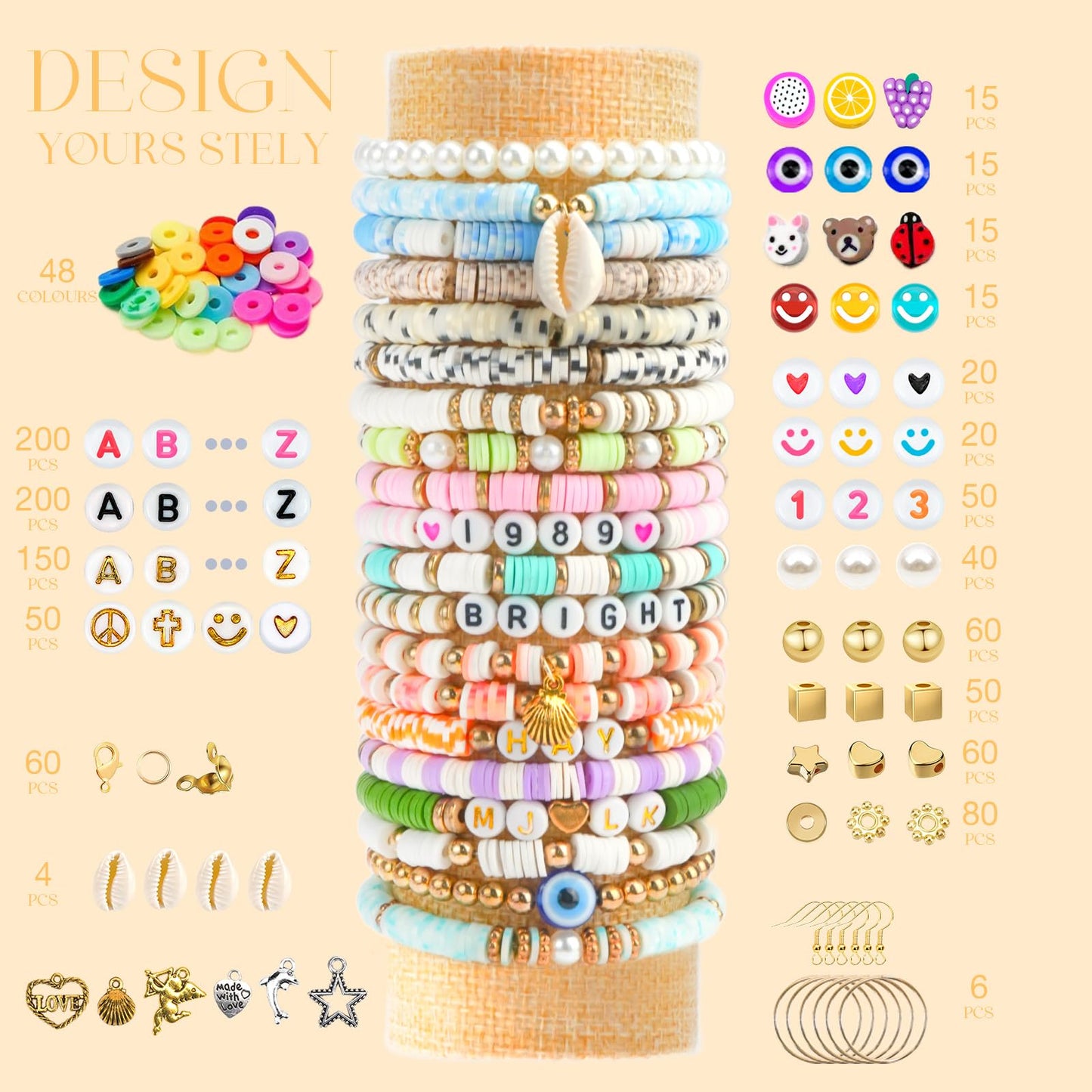 Sunlode Clay Beads Bracelet Making Kit, 3 Boxes 15,000PCS Boho Color with Letter Beads, Charms and Elastic Strings, DIY Jewelry Set for Friendship Bracelets Crafts Gift
