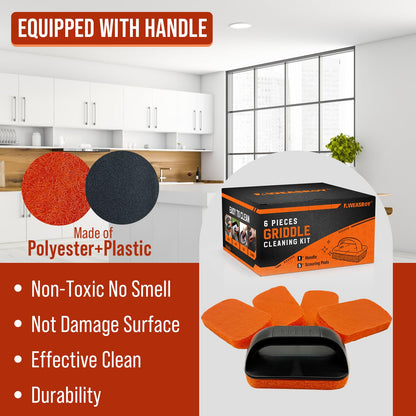 6-Piece Griddle Cleaning Kit for Blackstone, Flat Top Grill Cleaning Kit Non-Scratch Scouring Pads for Kitchen - 5 Scrubber Pads and 1 Handle