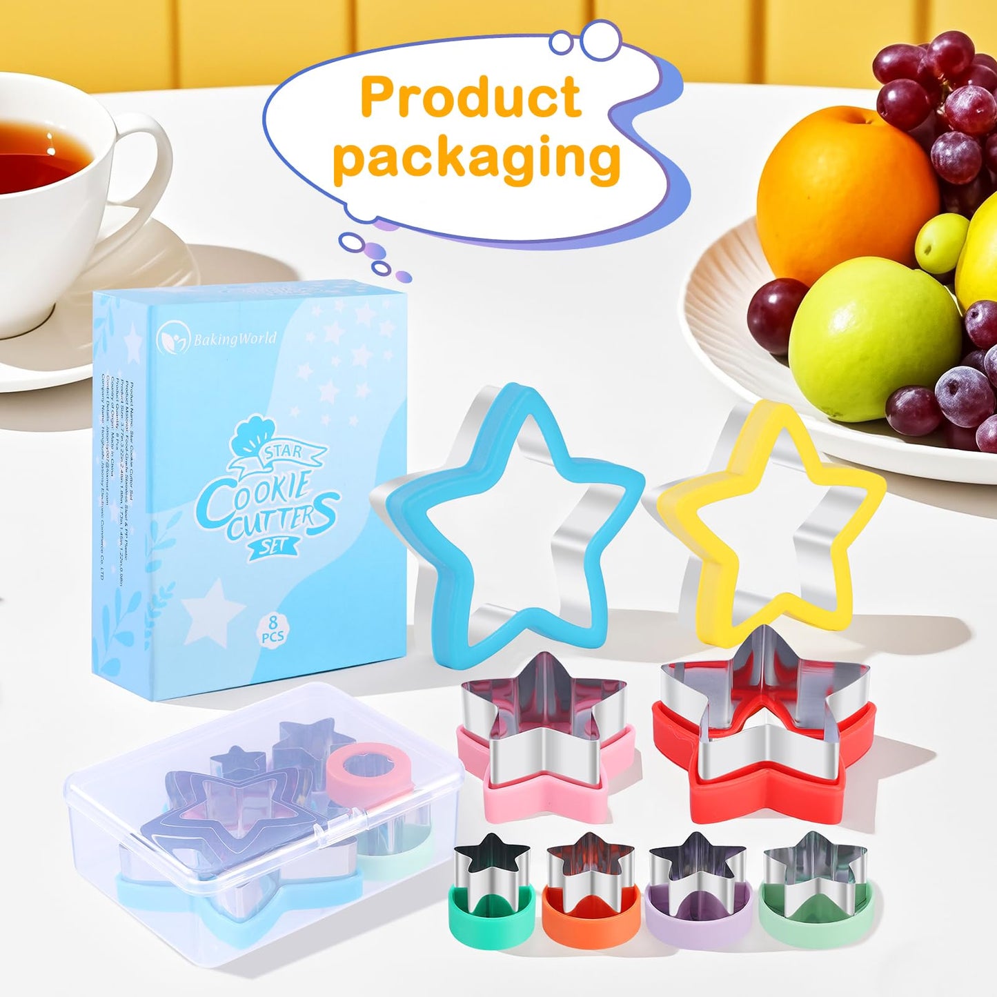 8-Piece Star Cookie Cutter Set with Storage Box - Heavy Duty Stainless Steel Baking Tools, Plastic Handles, Dishwasher Safe, Kids Friendly for Cookies, Biscuits, Vegetable, Fruit and Sandwiches