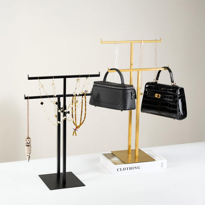 Purse Display Stand Jewelry Towers, Double T-Shaped Tabletop Stainless Steel Hook Hanging Adjustable Height Handbag Holder for Organizer Luxury Bags Necklaces Home Store Boutique Retail Closet