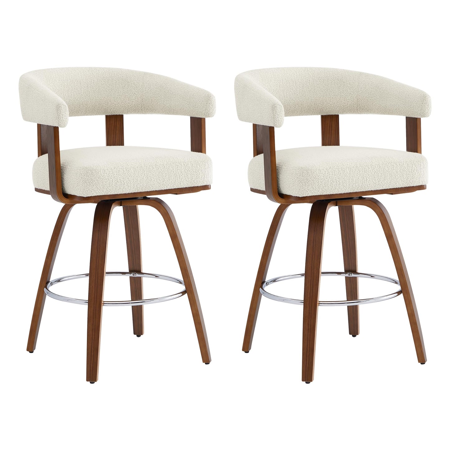 CHITA Swivel Counter Height Barstools Set of 2, FSC Certified Polyester Upholstered Bar Stools with Back and Armrest for Kitchen Island Home Bar, 27" Seat Height, Cream with Walnut Frame