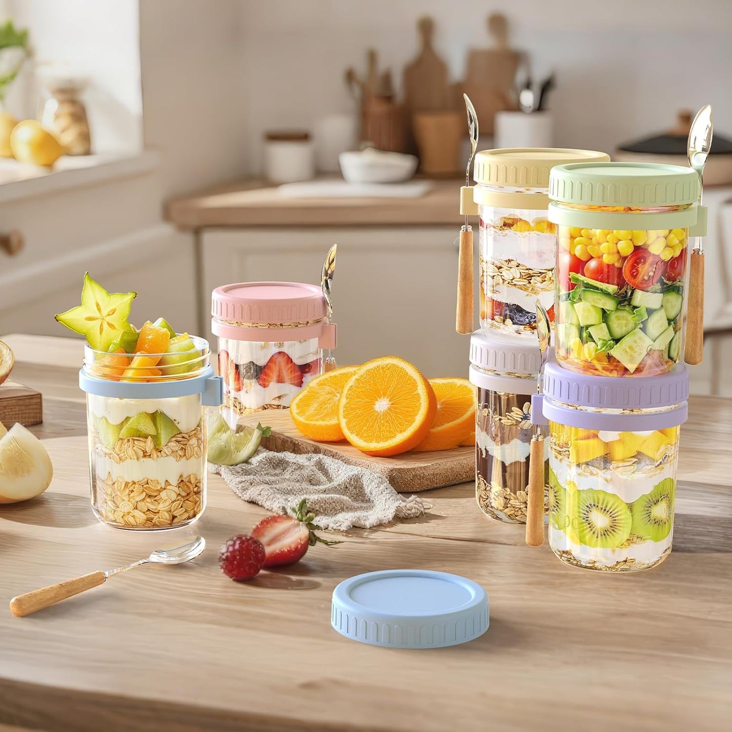 16oz 6 Pack HomArtist Overnight Oats Containers with Lids and Spoons, Wide Mouth Mason Jars with Airtight Lids