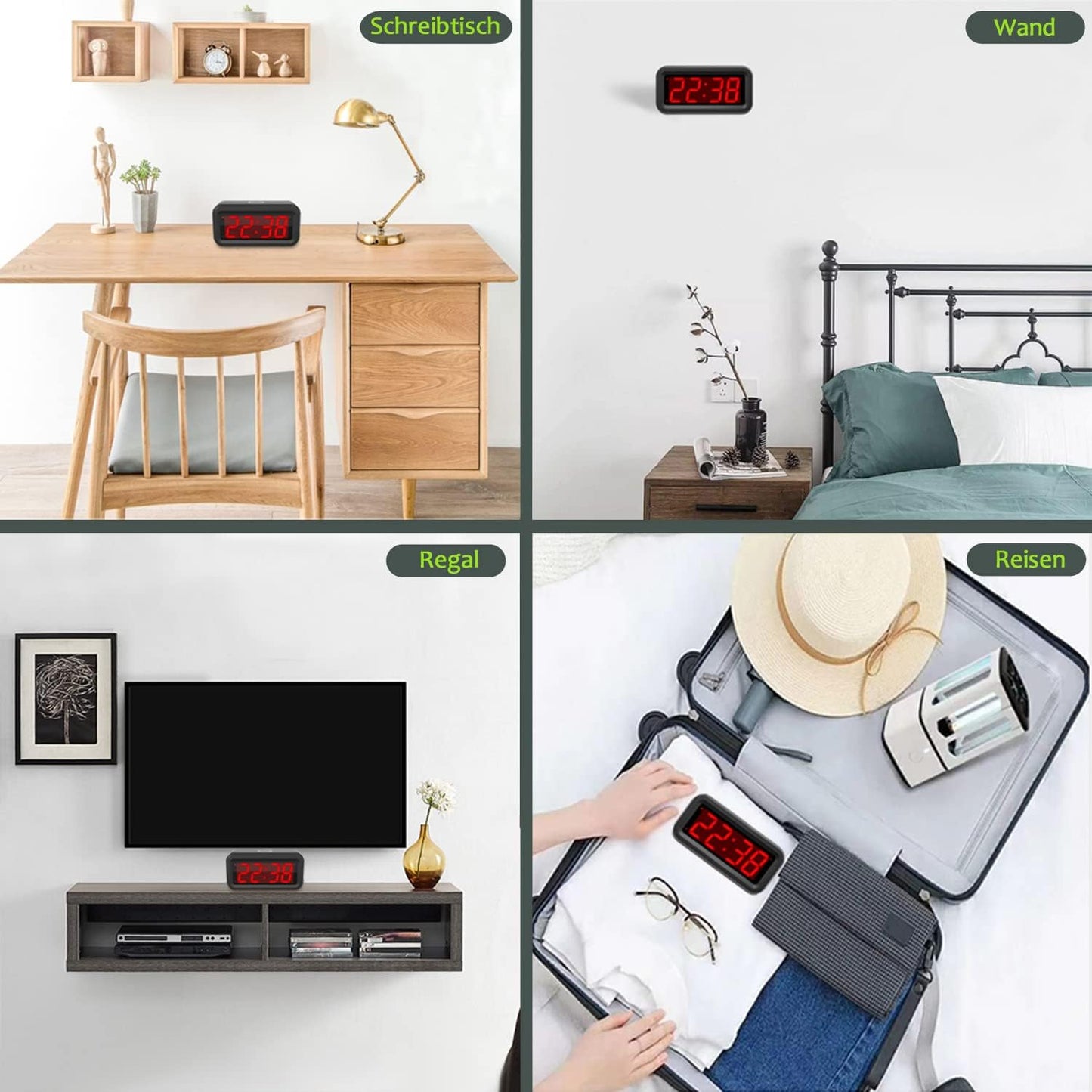 Digital Alarm Clock, Small Wall Clock, Battery Operated with 1.2" LED Large Display, for Bedroom/Desk