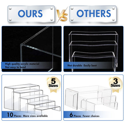 Aheroi Large Acrylic Risers, 10 Pcs 2 Set(7”L~8”L~9”L) Riser Display Shelf, Clear Rectangular Display Stands Set, Transparent Shelves for Decor, Showcase Holder for Cupcake