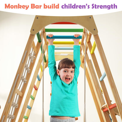 INFANS Indoor Jungle Gym, 8 in 1 Kids Montessori Indoor Playground Climbing Playset for Toddlers with Slide Swing Net Monkey Bars Rope Ladder, Wood Climber Toys for Boys Girls