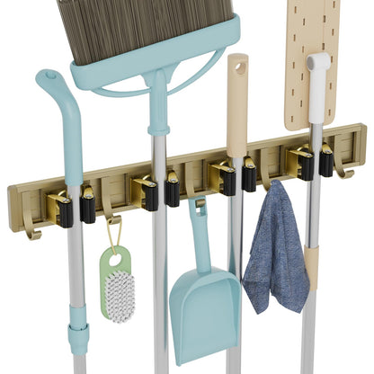 reliahom Broom Holder Wall Mount Mop and Broom Hanger Wall Mounted Garage Storage Rack Kitchen Garden Tool Organizer (4 Racks with 5 Hooks, Silver)