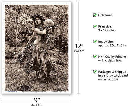 Hawaiian Hula Dancer Ipu (Gourd Drum) IV - Vintage B&W Photograph by Alan Houghton c.1960s - Master Art Print 9in x 12in