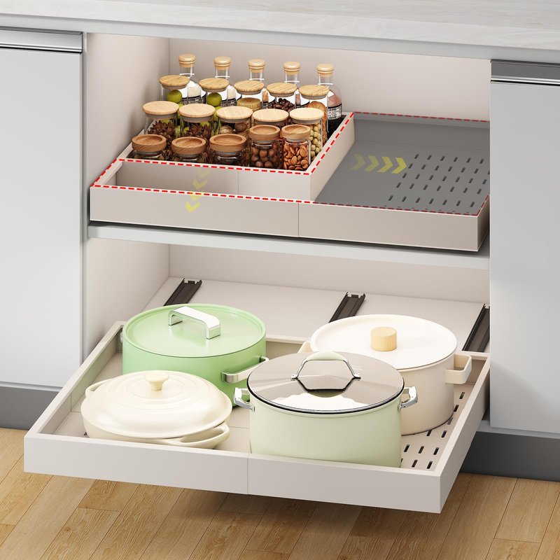 Pull out Cabinet Organizer,Width (14"-21") and Depth (17"-24") Expandable With 3 Rails,No Drill Adjustable Slide out Drawers for Kitchen,Pantry,Adhesive Roll out Shelves,for Cabinets Without Lip,White