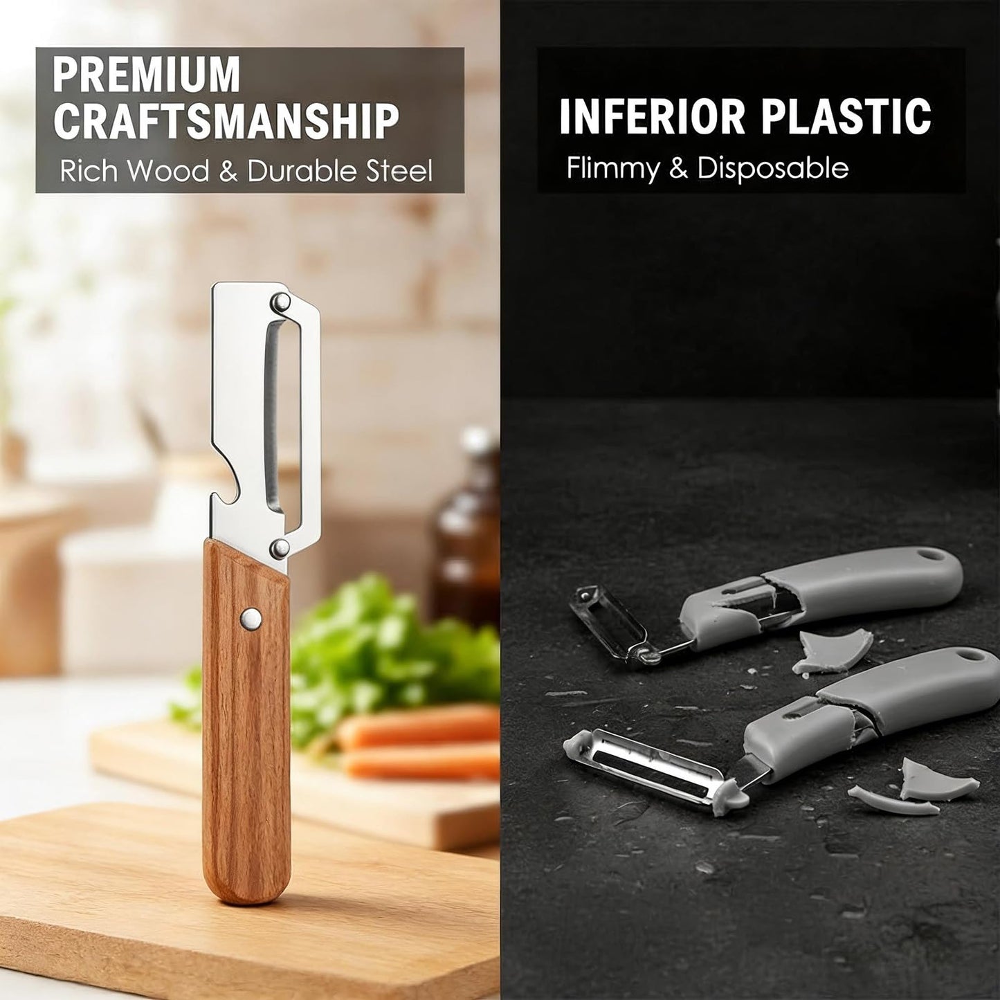 NEW Premium Vegetable Peeler with Wooden Handle and Bottle Opener: 2-in-1 Stainless Steel Kitchen Tool for Fruit Apple Potato Pumpkin Papaya (2Pcs)