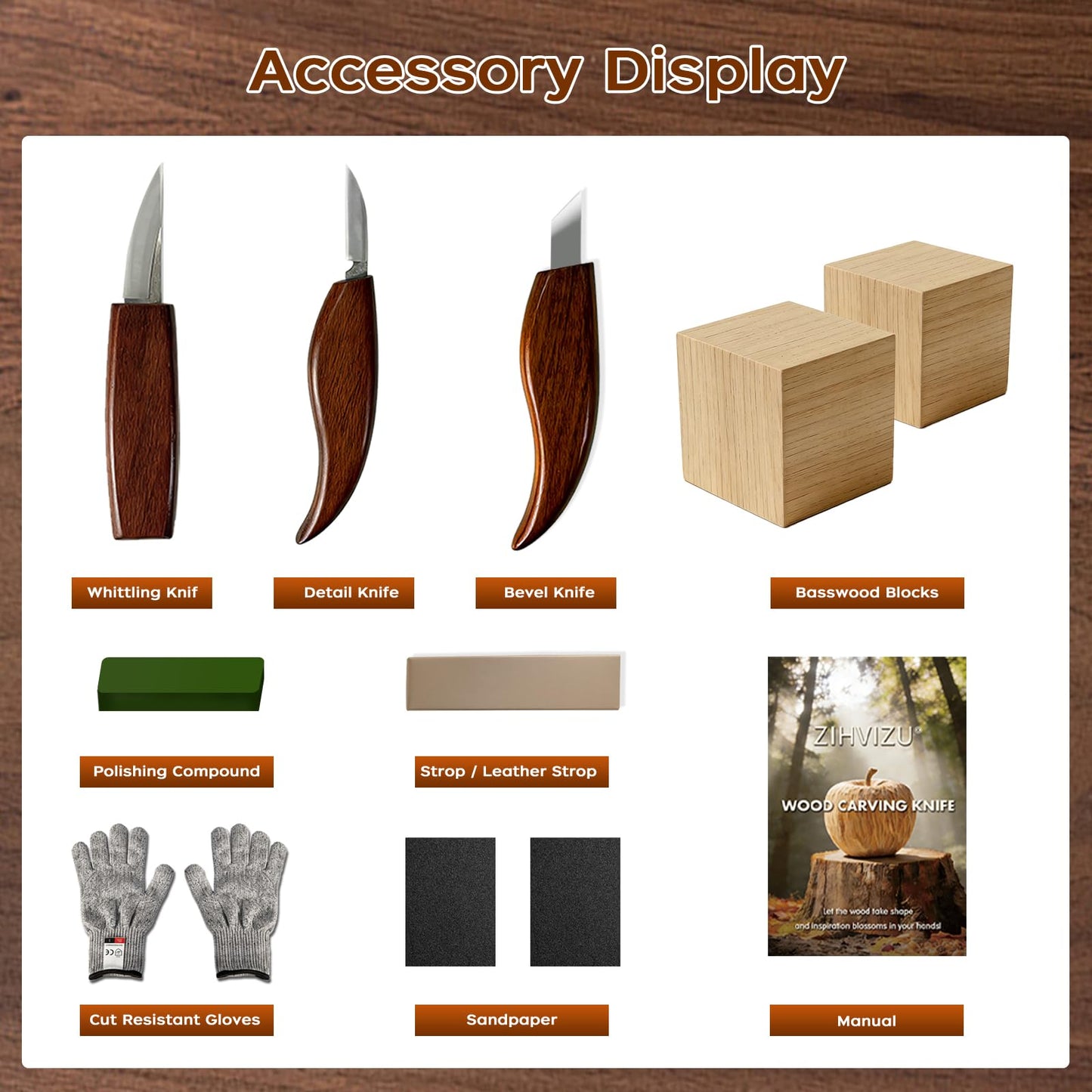 ZIHVIZU Woodcarving Tool Set,Including Whittling Knives, Practice Wood Blocks, Safety Gloves and a Sharpener. The Knives are Sharp and Durable,Specially Designed for DIY woodcarving Beginners