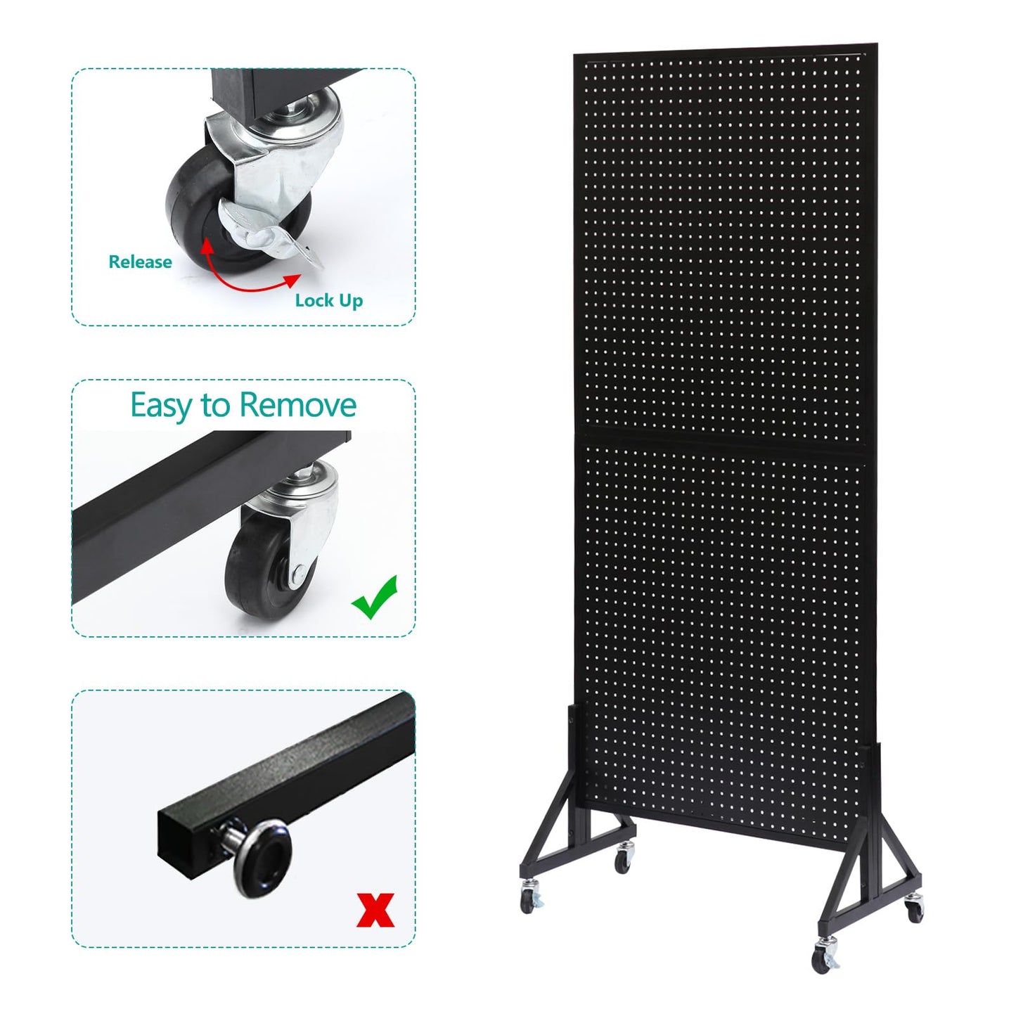 Eastern Tree 2.5'x 6' Metal Pegboard Display Stand with T-Base, Black Peg Board Panels Display with Casters, Standing Pegboard Display, Retail Display Stand, Extra 10 Pieces Hooks, Black