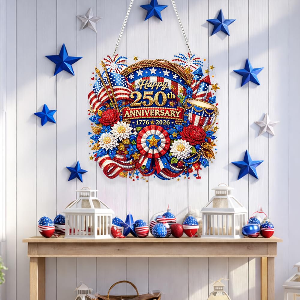 Eiflow Acrylic Diamond Art Hanging Kit for Adults 4th of July Wreath, DIY Diamonds Painting Door Hanger Board Kit, Special Crystal Diamond Art Painting Pendant Ornament (Happy 250th Anniversary)