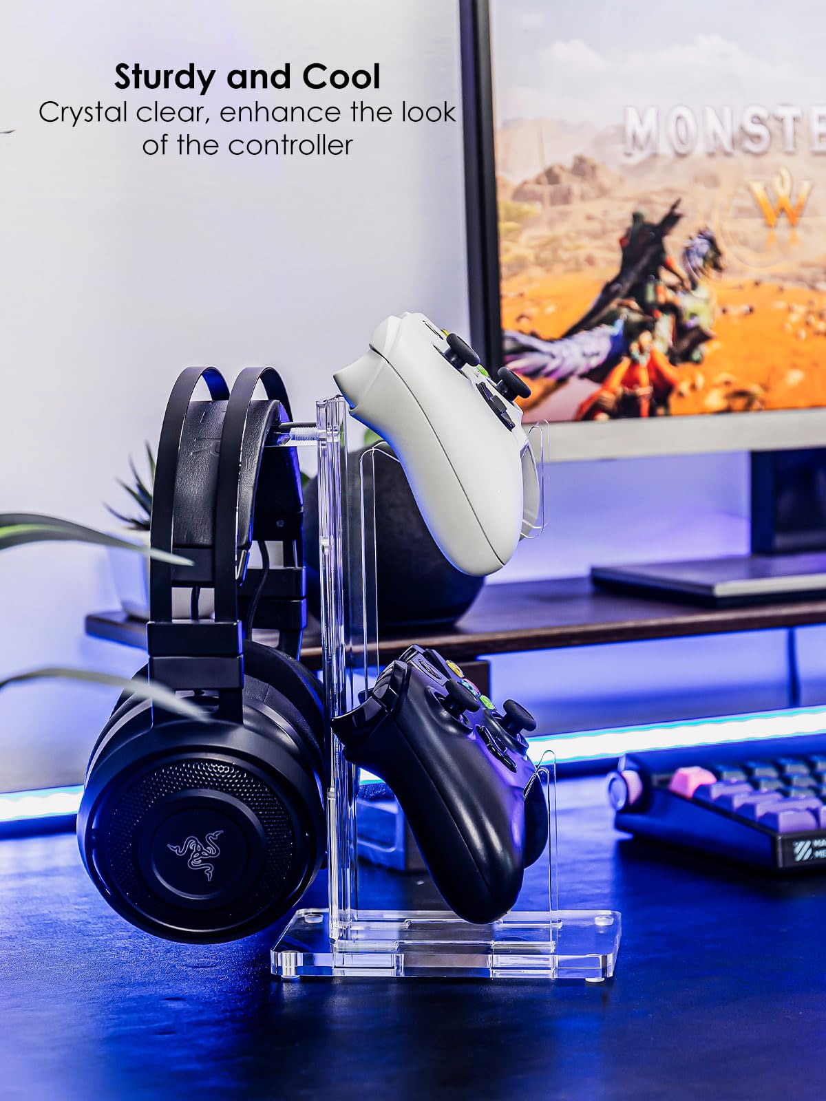 OAPRIRE Headset and Controller Stand, Space-Saving 2 Tier Game Controller Holder, Acrylic Controller and Headset Stand for Desktop, Universal Design Compatible with PS5/PS4/Xbox/Switch (Crystal Clear)
